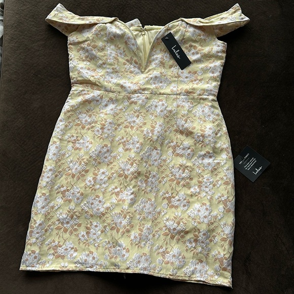 Lulu’s Favorite Song Yellow Floral Jacquard Off-the-Shoulder Mini Dress - Picture 3 of 7